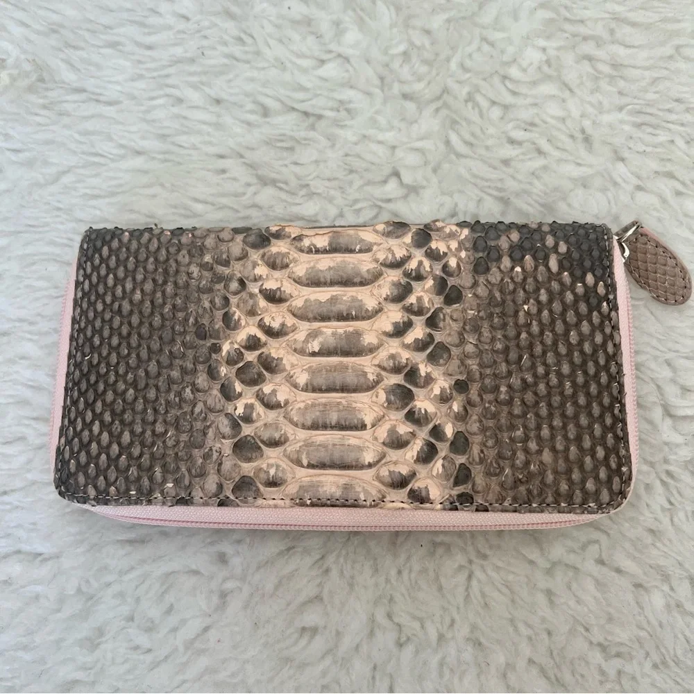 Genuine Python Snake Skin Leather Pink/ Black/Gray Zip Around Long Wallet